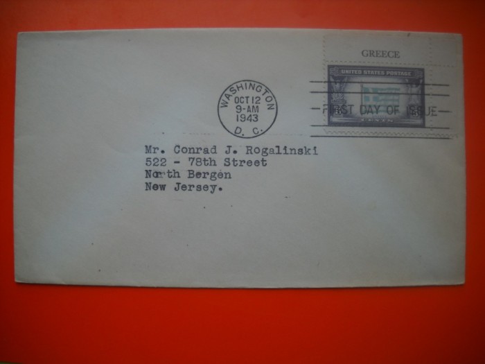 HOPCT PLIC S FDC NR 764 GRECIA - DRAPEL -1943 -SUA -CIRCULAT