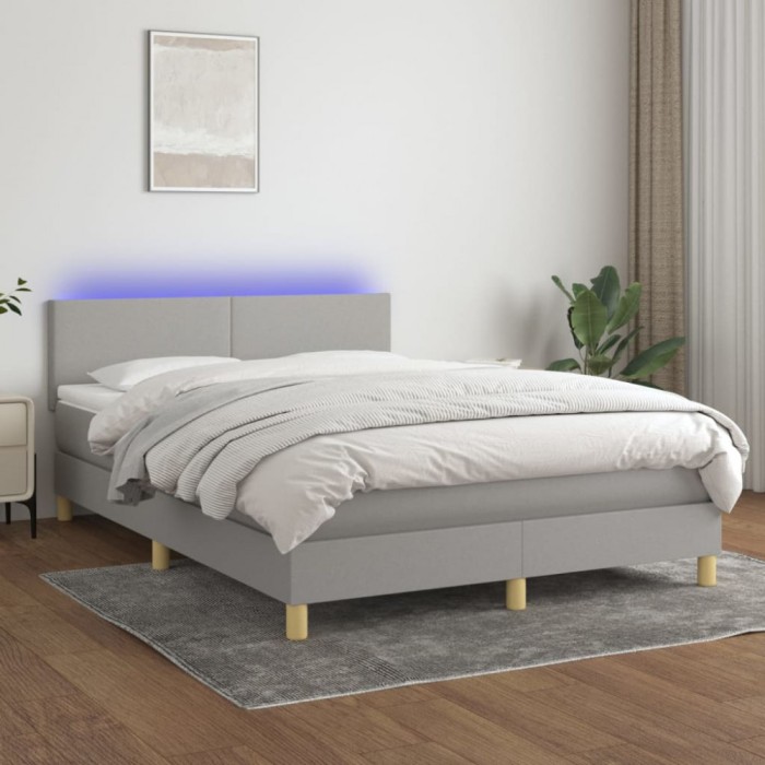 vidaXL Pat cu arcuri, saltea și LED, gri deschis, 140x190 cm, textil 3133549
