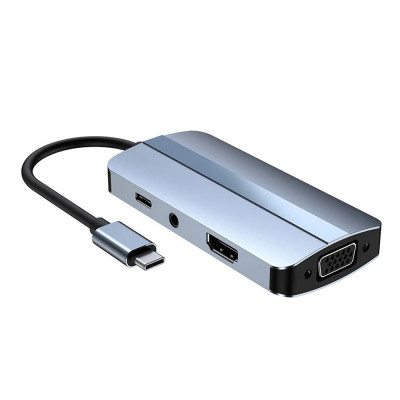 Adaptor multifunctional 7 in 1 USB-C la HDMI Techstar&amp;reg; CYC7IN1A, HDMI 4K, VGA 1080P, 1 x USB 3.0, 1 X USB 2.0, USB-C, AUX 3.5 mm, PD Port, Gri foto