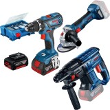 Bosch GBH 180-LI + GSR 18V-28 + GWS 180-LI - Rotopercutor SDS-Plus 2 J + Masina de gaurit si insurubat 63 Nm valiza plastic accesorii + Polizor unghiu