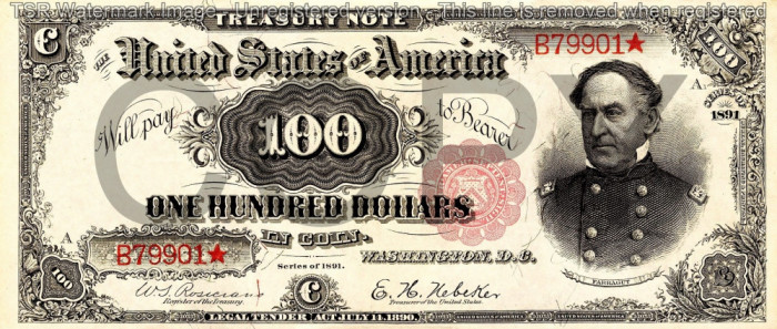 100 dolari 1891 Reproducere Bancnota USD , Dimensiune reala 1:1