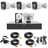 Kit supraveghere 3 mini camere Uniview, ColorHunter, 5MP 2K+, Lumina Alba 20m, Vedere color pe timp de noapte, 1 camera dome 2MP, IR 20m, Microfon, Ac