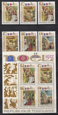 Togo 1972 - Crăciun - Picturi de Giotto, Inconnu, De Prague, Serie + Pa + Colita NDT, SET COMPLET, MNH foto