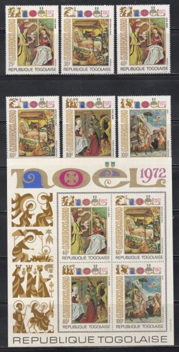 Togo 1972 - Crăciun - Picturi de Giotto, Inconnu, De Prague, Serie + Pa + Colita NDT, SET COMPLET, MNH