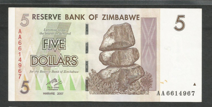 ZIMBABWE 5 DOLARI DOLLARS 2007 [4] P-66 , a UNC