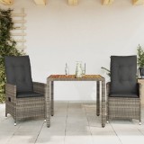 vidaXL Set bistro de grădină cu perne, 3 piese, gri, poliratan