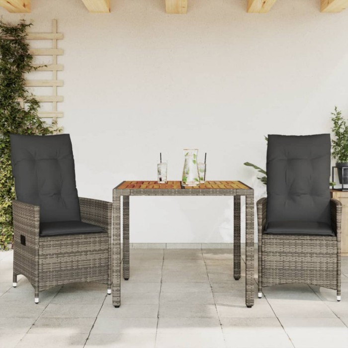 vidaXL Set bistro de grădină cu perne, 3 piese, gri, poliratan