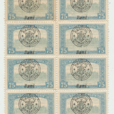Romania 1919 Emisiunea Oradea bloc rar 16 timbre Parlament 75 Bani cu erori MNH