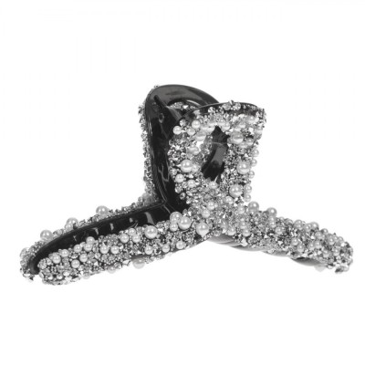 Clamă Păr Femei, Model Buclă, Perle Albe, Strass, Negru, 11cm foto