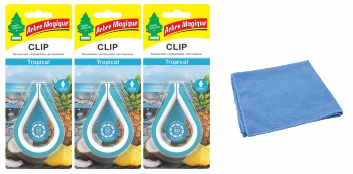 Odorizant auto Wunder- Baum Clip 3 Pack Tropical si Laveta Microfibra 30x40cm