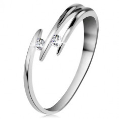 Inel din aur alb 14K - două diamante strălucitoare transparente, brațe din linii subțiri - Marime inel: 57