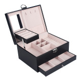 Cutie de bijuterii eleganta din piele ecologică neagra cu trei sertare, Oem