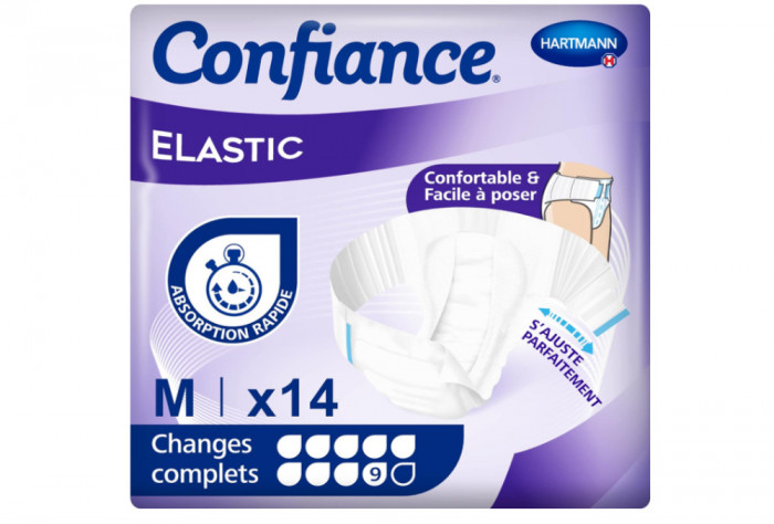 Scutece pentru adulti tip chilot Confiance Elastic, 9 picaturi, Marimea M, 14 buncati - NOU