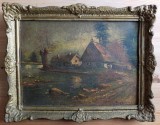 Cumpara ieftin G. Kuşovski (Kuşovszky)-Case pe marginea r&acirc;ului - pictură &icirc;n ulei, Peisaje, Realism