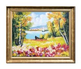 Cumpara ieftin Tablou inramat peisaj cu flori, Priveliste catre oras, 50x40cm ulei pe panza, Constantin Feraru
