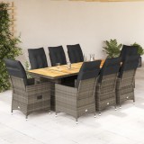VidaXL Set bistro de grădină cu perne, 9 piese, gri, poliratan