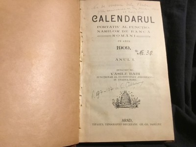 Carte Calendarul portativ al functionarilor de banca romani anul I / 1909 redactor Vasile Babi plus scrisoare ! foto
