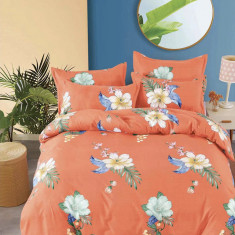 Lenjerie de pat pentru o persoana cu husa elastic pat si 2 fete perna dreptunghiulara, Rhamnus, bumbac mercerizat, multicolor