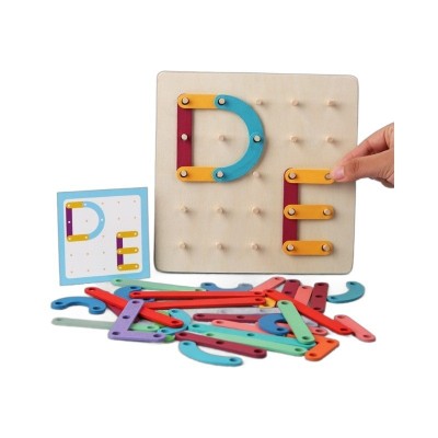 Jucarie Montessori Pegboard, Cyrax, din Lemn, Tip Puzzle, Forme, Litere, Educativ, 17.8 x 17.8 x 1.5 cm, Multicolor foto