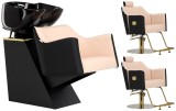 Set Brilia negru, spălătorie frizerie, 2 scaune hidraulice rotative, spălător mobil, bol ceramic, baterie duș
