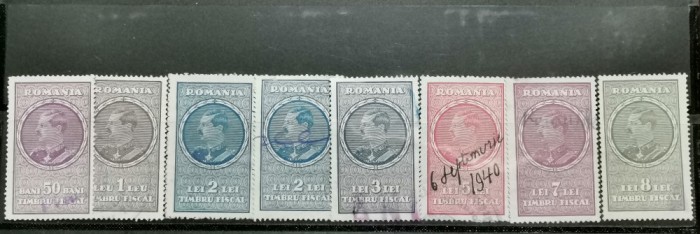 SV * TIMBRU FISCAL GENERAL * Regele Carol II * LOT x 8 timbre 1932 / 7 Valori