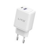 Incarcator retea lito tipe-c pd20w, usb-a 18w, fast charging pentru iphone, samsung, ipad, alb