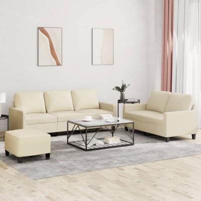 vidaXL Set de canapele cu perne, 3 piese, crem, piele ecologică foto