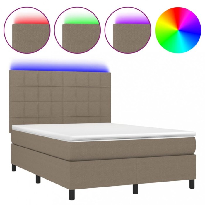 Pat cu arcuri, saltea si LED, gri taupe, 140x200 cm, textil