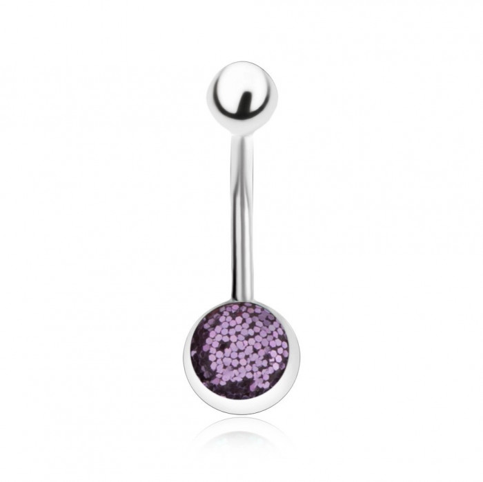 Piercing pentru buric realizat din oțel chirurgical, culoare argintie, sclipici violet deschis