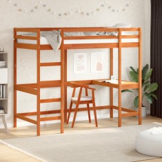 Cadru pat supraetajat cu birou, maro, 90x190 cm, lemn masiv pin