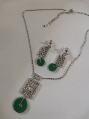 Set BIJUTERII dama-VERDE nunta(colier +cercei)INOX placat cu AUR alb 18K foto