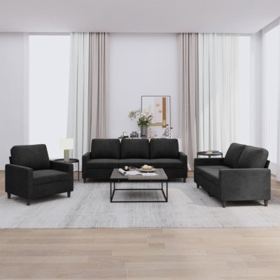 vidaXL Set de canapele cu perne, 3 piese, negru, catifea 3201481 foto