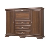 Comoda living VM6P, o usa rabatabila pentru bar, 2 usi fixe, 3 sertare, insertii MDF, 158 x 46 x 117 cm, Nuc