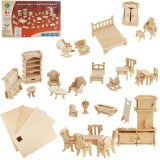 Cumpara ieftin Set mobilier pentru casuta de papusi natur, 34 piese din lemn DIY, mobilier miniatural de asamblat si personalizat, 175 elemente, 3 ani+
