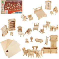 Set mobilier pentru casuta de papusi natur, 34 piese din lemn DIY, mobilier miniatural de asamblat si personalizat, 175 elemente, 3 ani+