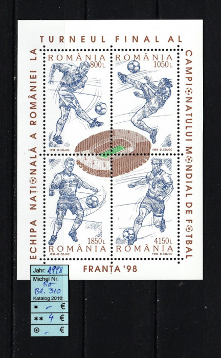 Romania, 1998 | Campionatul Mondial Fotbal - Franţa | Minisheet - MNH | aph