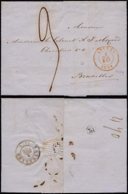 Belgium 1854 Stampless Cover + Content Anvers to Bruxelles DB.202 foto