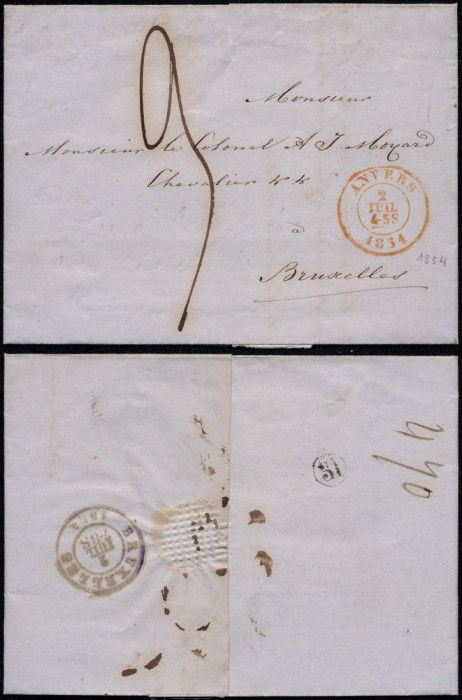 Belgium 1854 Stampless Cover + Content Anvers to Bruxelles DB.202