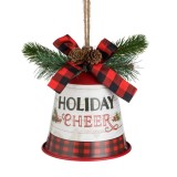 Clopoțel Decorativ Crăciun, &quot;Holiday Cheer&quot;, Roșu, Diametru 14x17 cm, Model Carouri, Conuri de Pin, Panglică pentru Suspendare