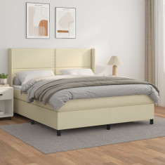 vidaXL Pat box spring cu saltea, crem, 160x200 cm, piele ecologică