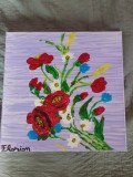 TABLOU PE PANZA CU SASIU NOU 50X50 CM MACI SI MARGARETE ACRILIC PRET 100 LEI NEGOCIABIL PICTOR FLORIAN