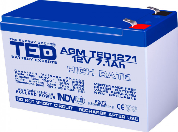Acumulator AGM VRLA 12V 7.1A High Rate 151x65x95mm F2 TED Battery Expert Holland