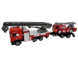 Set camion pompieri cu macara si remorca autospeciala pompieri 1:64 replica metal scara extensibila