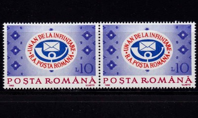 RO 1992 LP 1298 &amp;quot;Un an de la infiintare - RA Posta Romana&amp;quot;, pereche V sau H, MNH foto