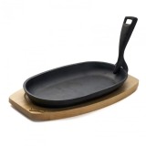 Platou oval din fontă 24x14 cm pentru servire, cu m&acirc;ner detașabil și suport din lemn HEINNER / DCN65356