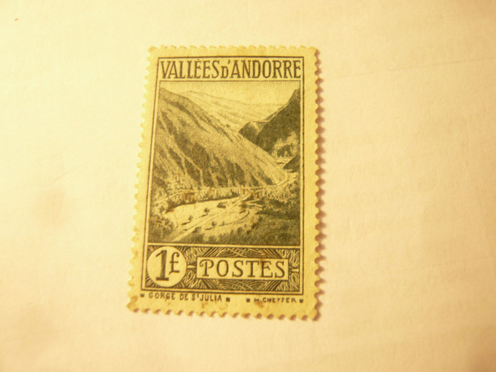 Timbru Andorra 1932 Vallees d&#039;Andorra val. 1Fr stampilat