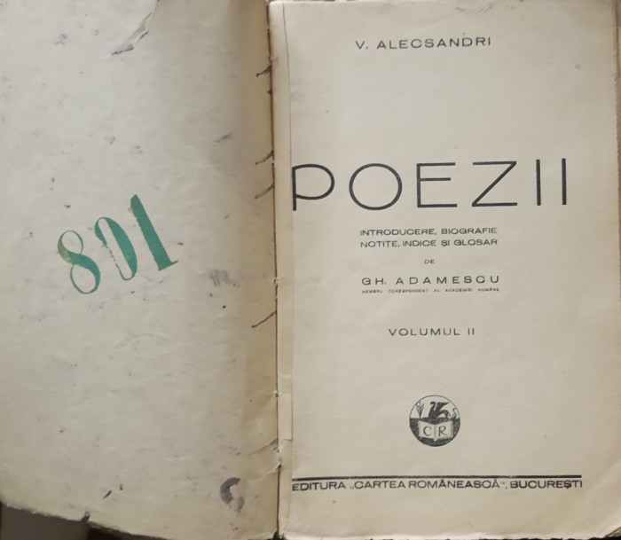POEZII VOL 2 - VASILE ALECSANDRI, 1940 - INTRODUCERE GH. ADAMESTEANU
