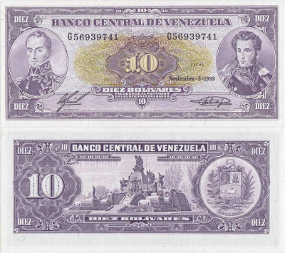 1988 (3 XI), 10 Bol&amp;iacute;vares (P-62) - Venezuela - stare UNC foto