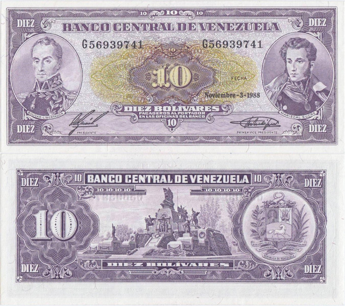 1988 (3 XI), 10 Bol&iacute;vares (P-62) - Venezuela - stare UNC