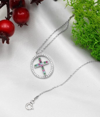 Lantisor Din Argint 925 Model Oval si Cruciulita Multicolor Arg22E foto